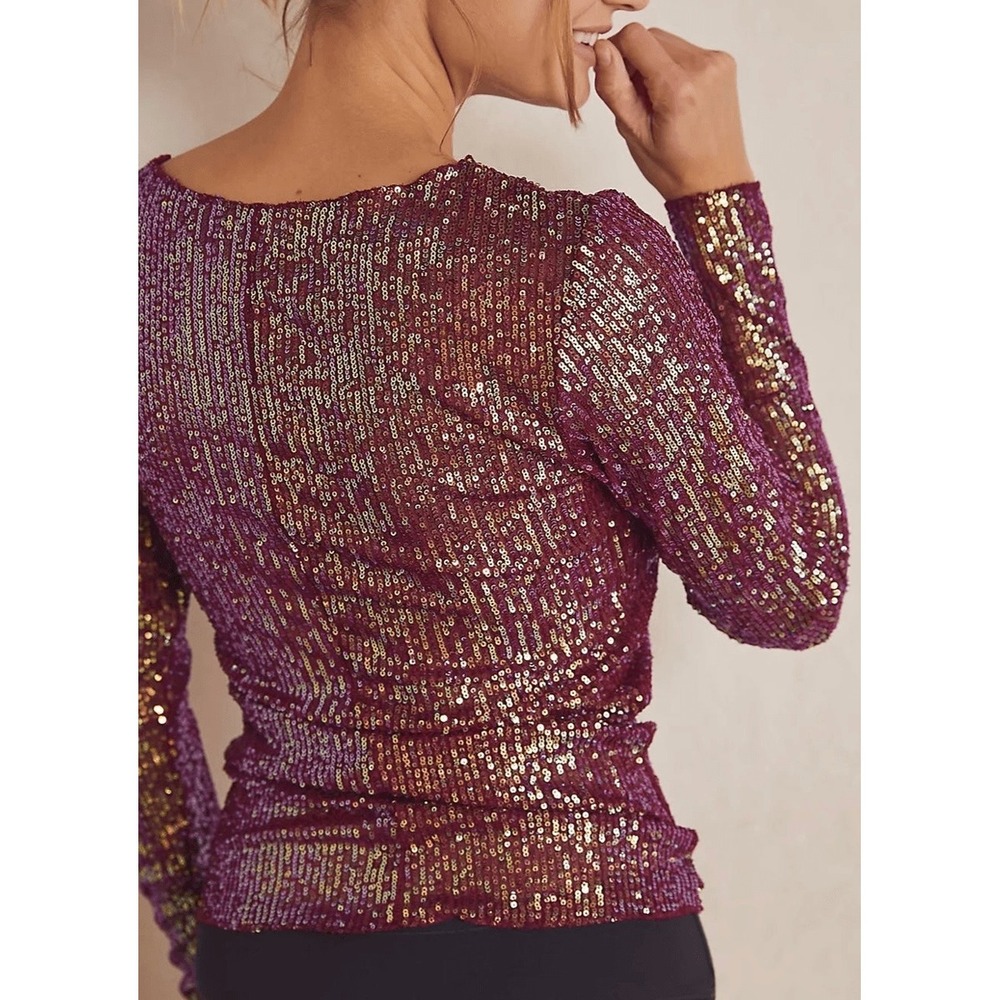 Free People Gold Rush Wine Long Sleeve Sequin Sparkle Top Blouse Shirt Medium - Picture 2 of 8